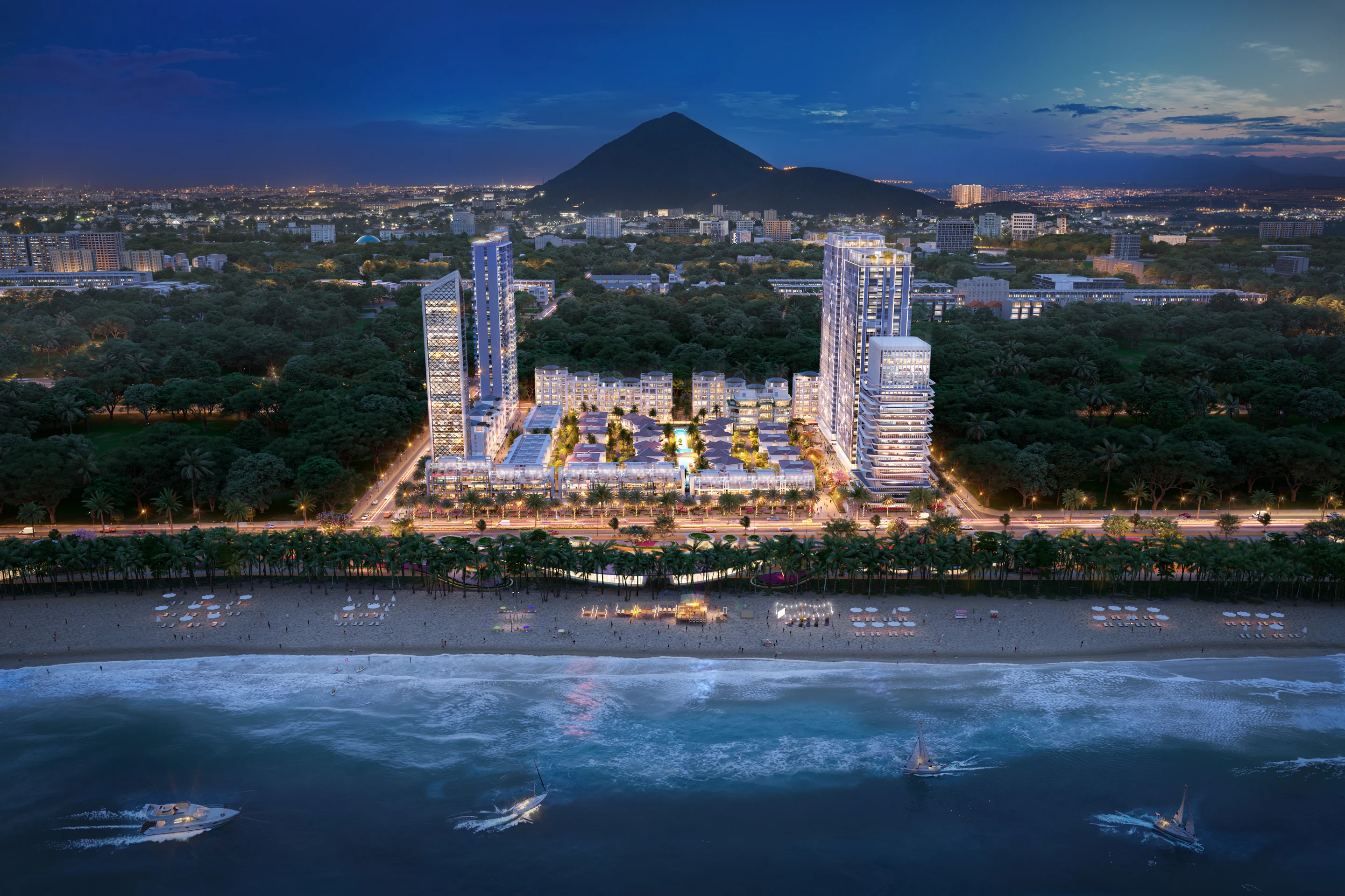 Phối cảnh đêm quần thể L'Aurora Phu Yen bên biển Tuy Hòa, núi Chóp Chài phía sau