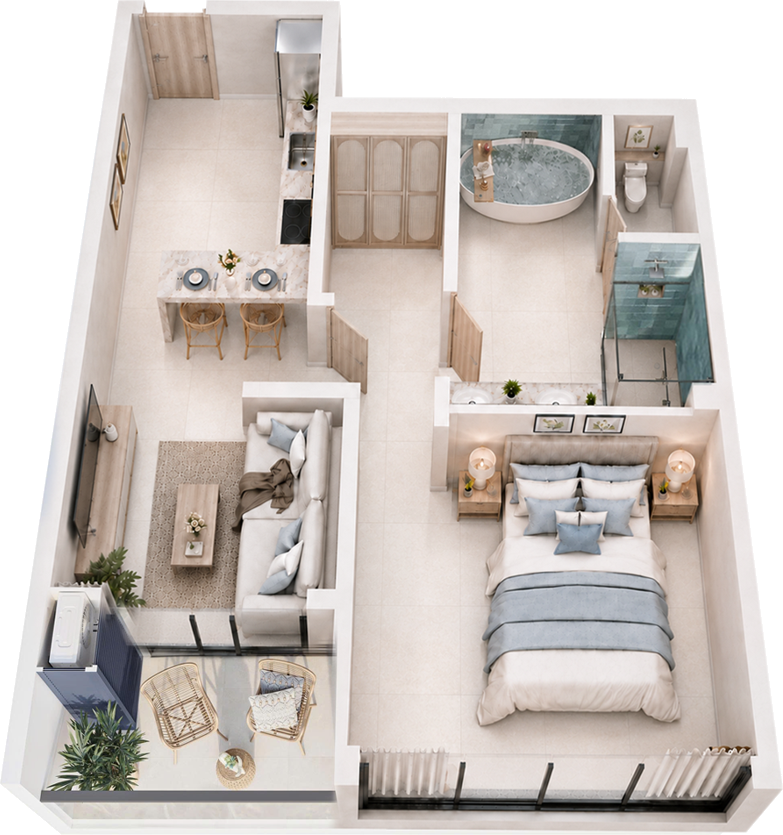 Mặt bằng 3D căn 1 phòng ngủ