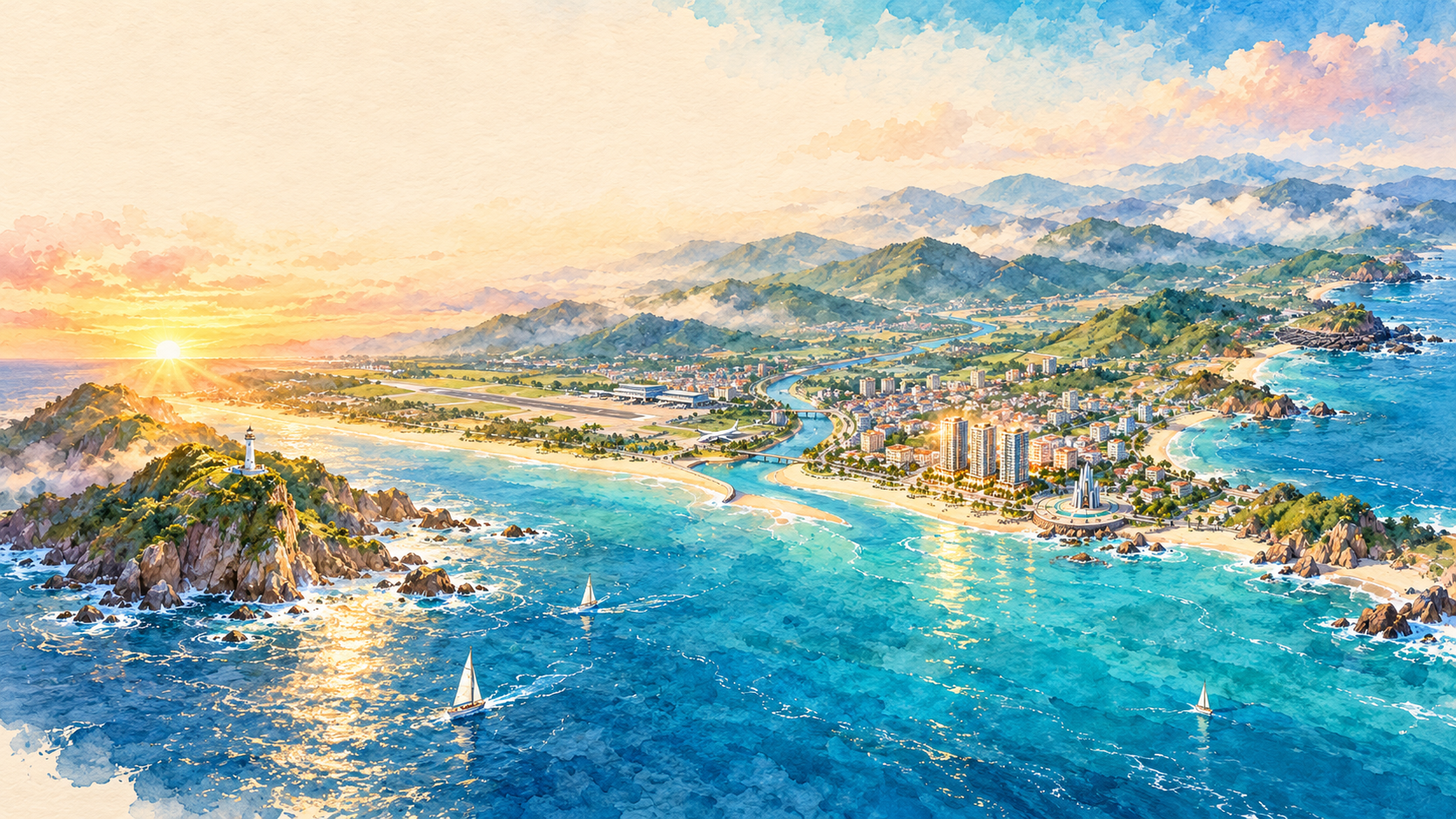 Bản đồ minh hoạ màu nước bờ biển Phú Yên nhìn từ biển vào: Mũi Điện ở phía nam, sân bay Tuy Hòa, cửa sông Đà Rằng, dự án Cloud Icon L'Avenir và tháp Nghinh Phong ở TP Tuy Hòa