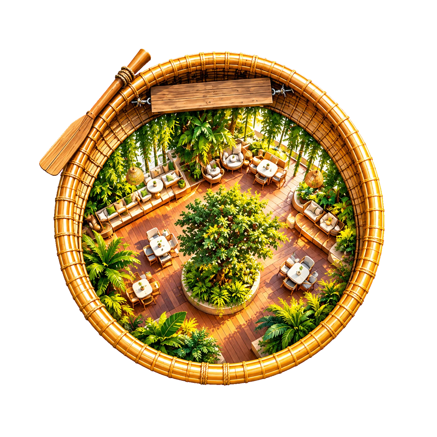 Clubhouse sàn gỗ quanh cây xanh nhìn từ trên xuống